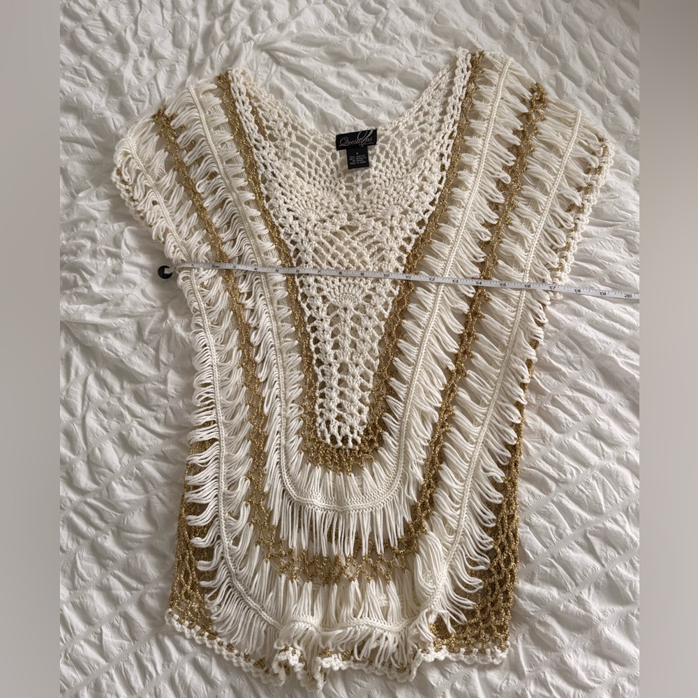 Bohemian/Coachella Crochet-Alike White/Gold See-Through Shirt Top Duster